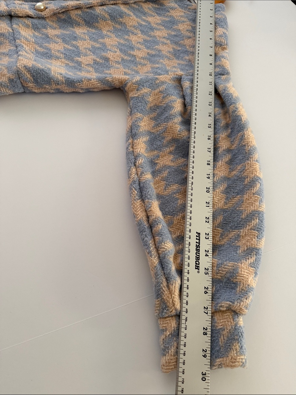 Storets Blue & Beige Houndstooth Pearl Button Cropped Cardigan Puff Sleeve Small - Picture 7 of 7